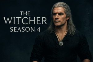 The Witcher Season 4 poster featuring Liam Hemsworth as Geralt of Rivia in a dark, intense setting.